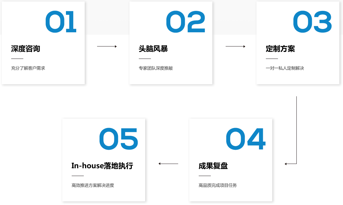 深度咨询 头脑风暴 定制方案 成果复盘 In-house落地执行